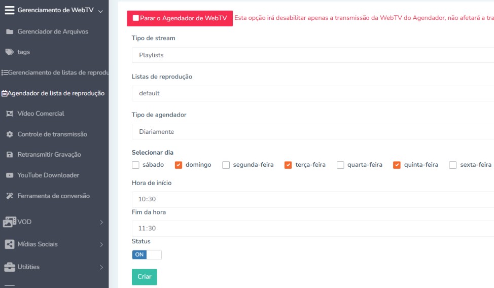 Agendamento de playlist no painel de Web TV